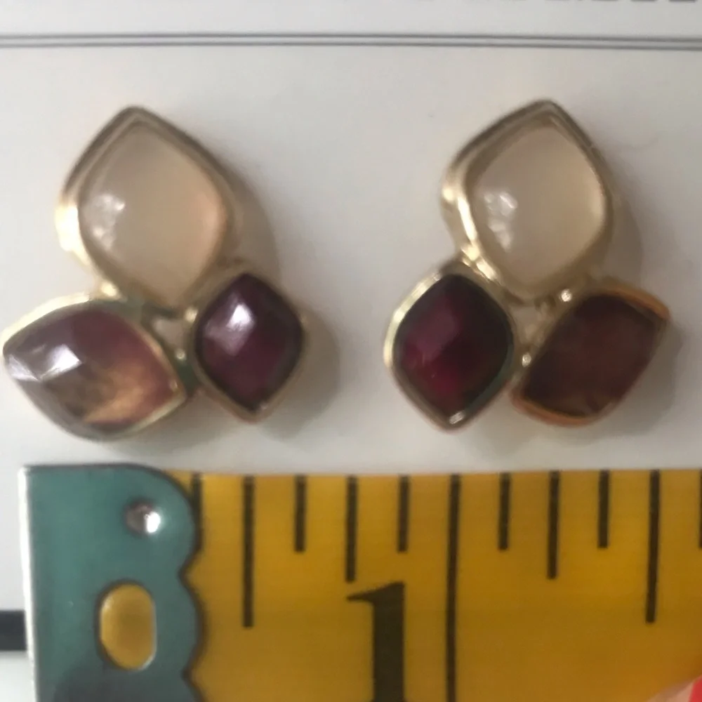 Dana Buchman Earrings Gold Tone Ivory and Red Whine Rhinestone Stud